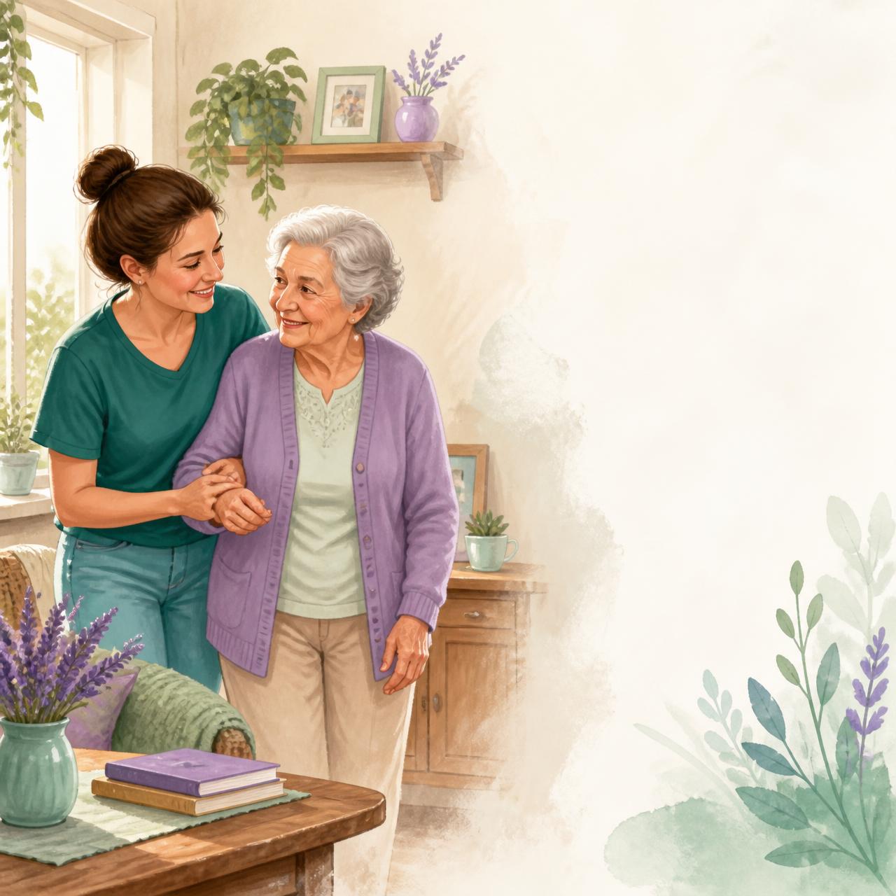 Cuidadora sorrindo enquanto ampara uma senhora idosa em casa, ambiente acolhedor com plantas e luz natural.